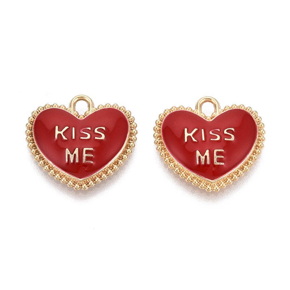Bedel Valentijn "Kiss Me" Emaille Goud Rood 15mm - per stuk-bedels-Kraaltjes van Renate