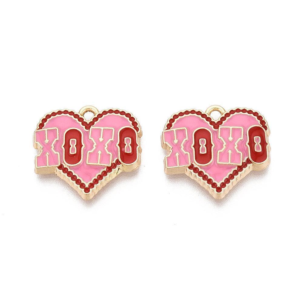 Bedel Valentijn "XoXo" Emaille Goud Rood Roze 19mm - per stuk-bedels-Kraaltjes van Renate