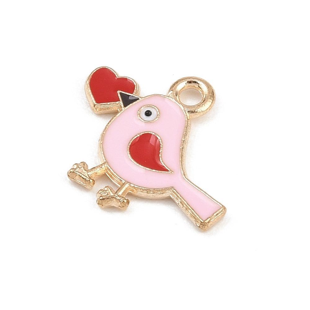 Bedel Valentijn vogel Emaille Goud Roze 15mm - per stuk-bedels-Kraaltjes van Renate