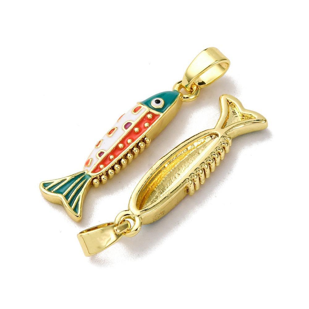 Bedel Vis Emaille 18K Goud / Teal / Oranje 22mm - per stuk-Bedels-Kraaltjes van Renate