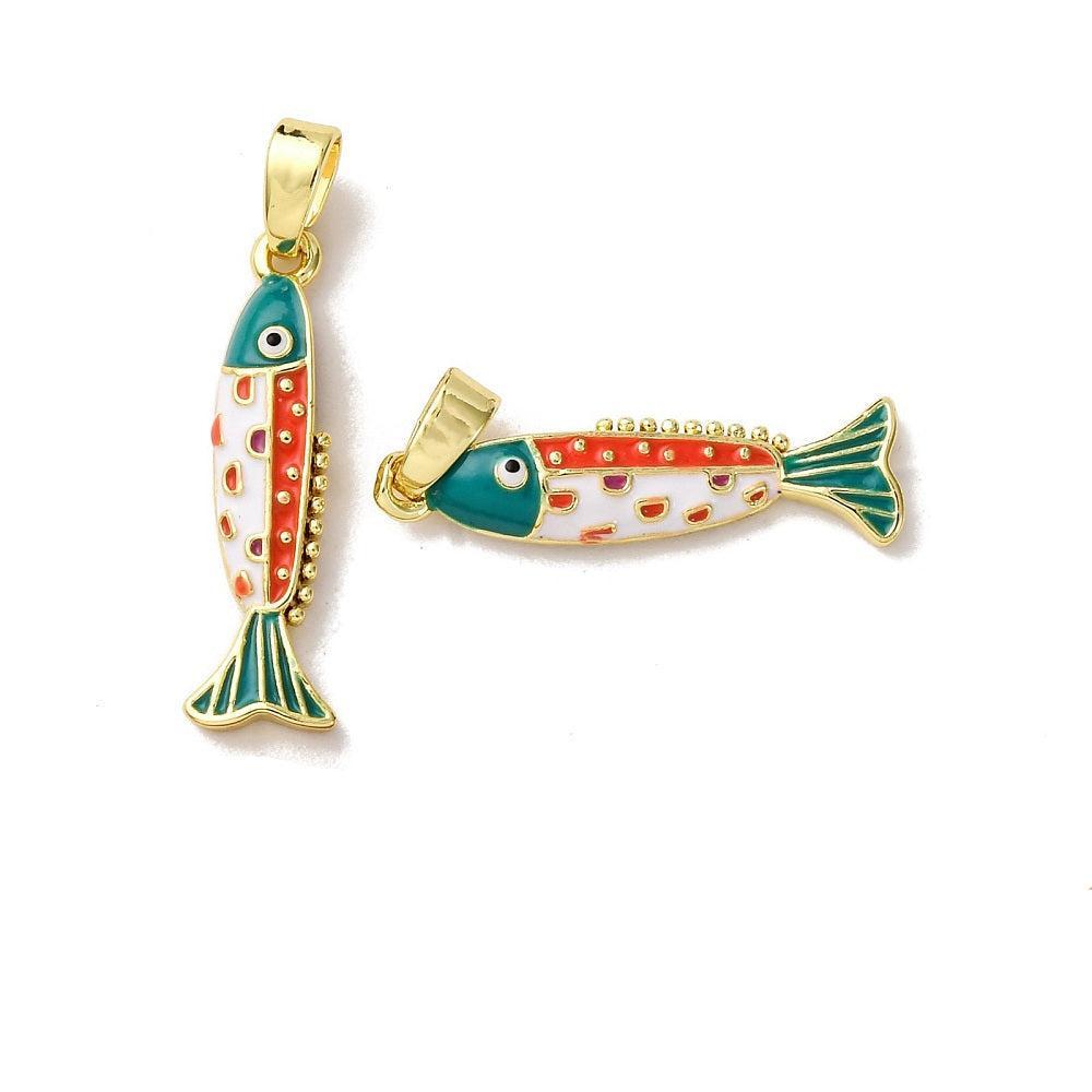 Bedel Vis Emaille 18K Goud / Teal / Oranje 22mm - per stuk-Bedels-Kraaltjes van Renate