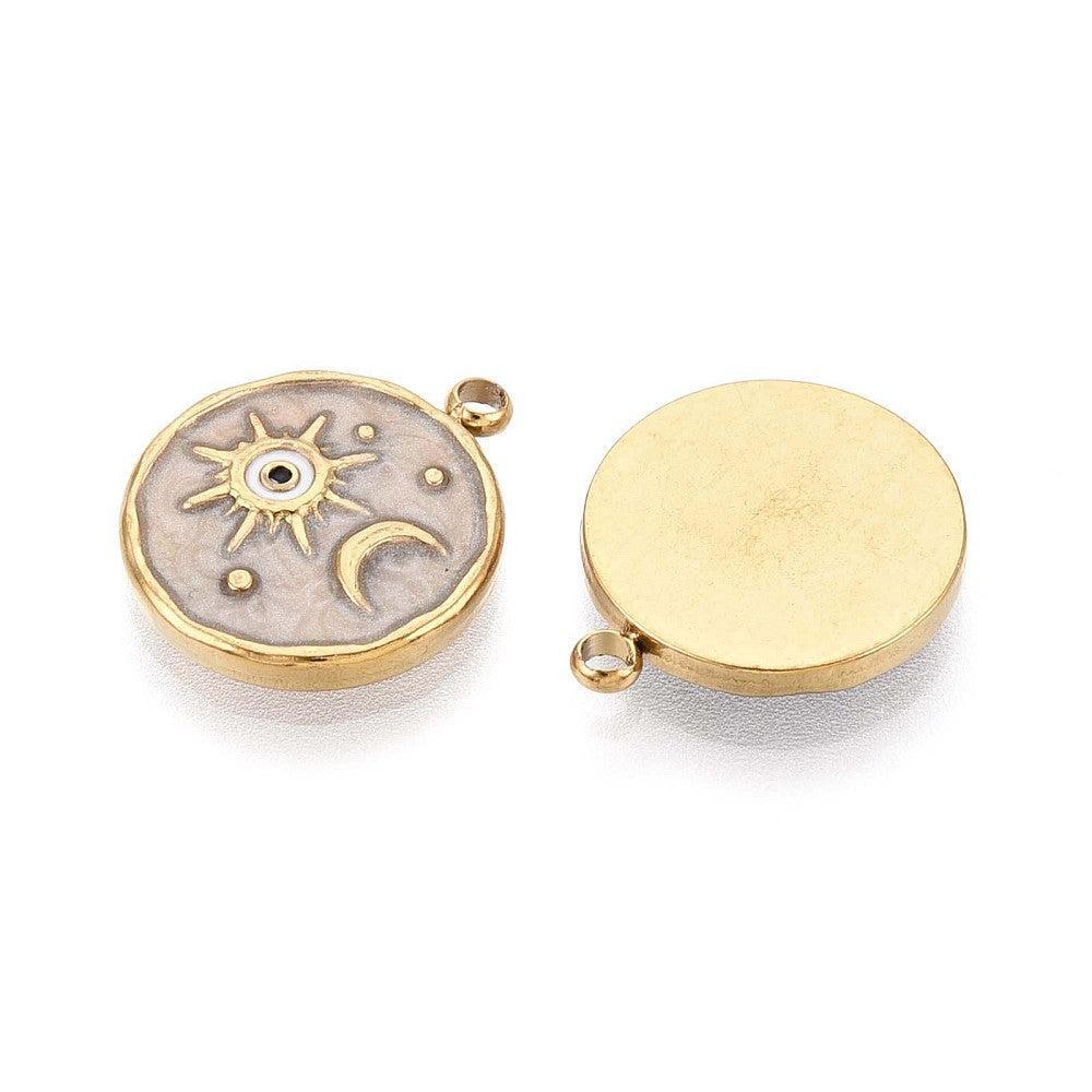 Bedel Zon & Maan Emaille Goud / Beige 13mm - per stuk-bedels-Kraaltjes van Renate