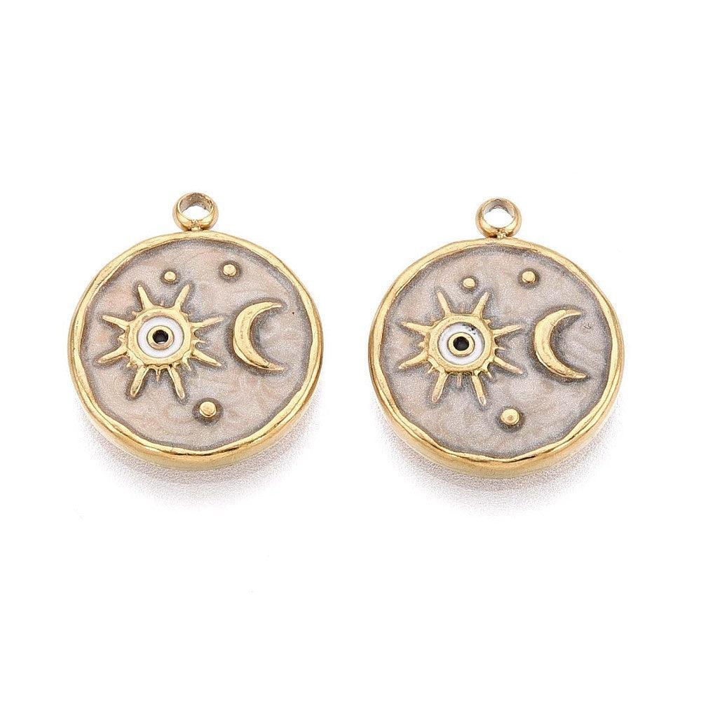 Bedel Zon & Maan Emaille Goud / Beige 13mm - per stuk-bedels-Kraaltjes van Renate