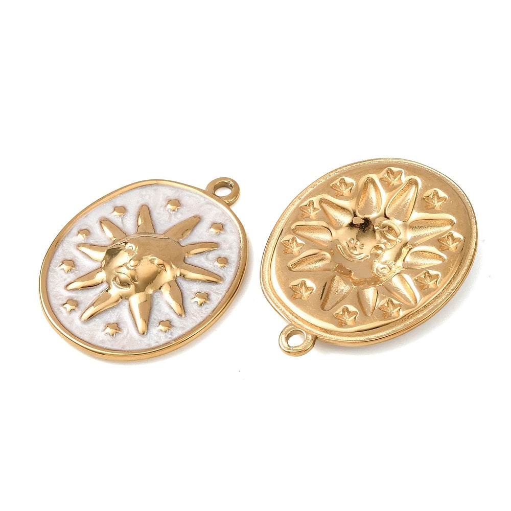 Bedel Zon Ovaal Emaille Wit Premium 18k RVS Goud 28mm - per stuk-Kralen-Kraaltjes van Renate