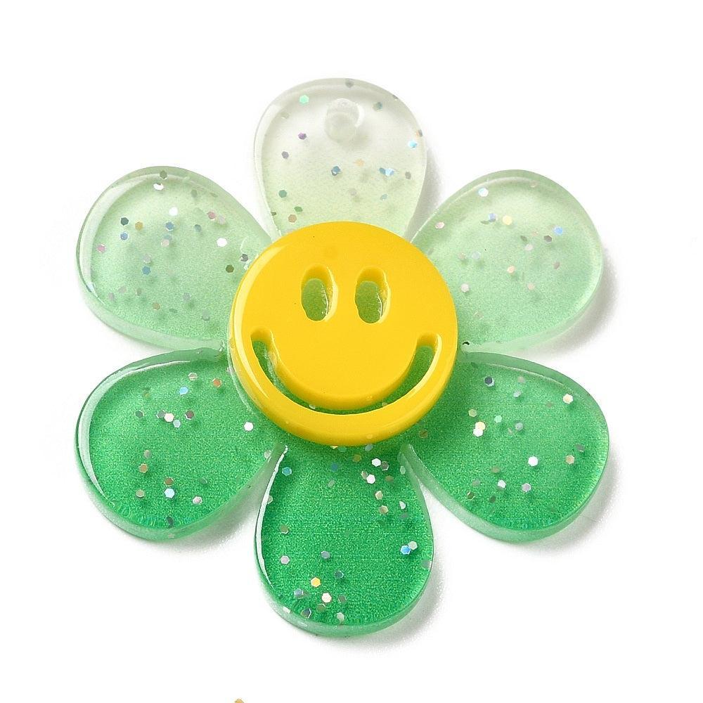 Bedel acryl bloem smiley groen glitter 30mm- per stuk-bedels-Kraaltjes van Renate