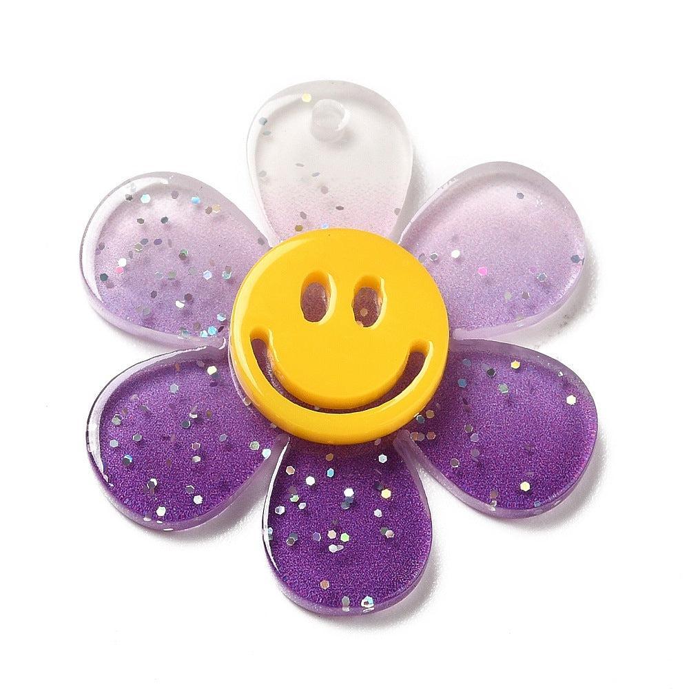 Bedel acryl bloem smiley paars glitter 30mm- per stuk-bedels-Kraaltjes van Renate
