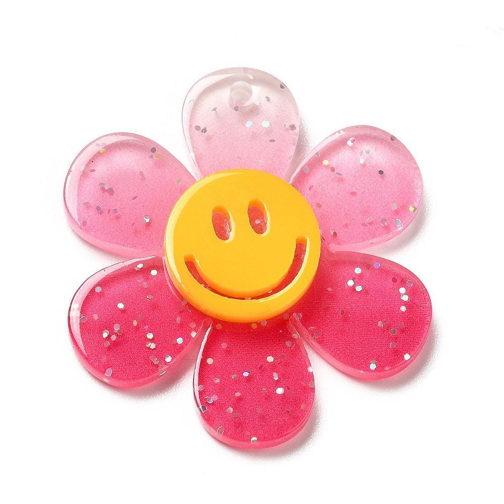 Bedel acryl bloem smiley pink glitter 30mm- per stuk-bedels-Kraaltjes van Renate