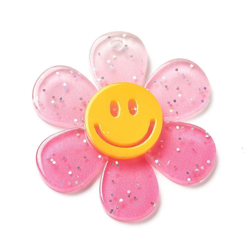 Bedel acryl bloem smiley roze glitter 30mm- per stuk-bedels-Kraaltjes van Renate