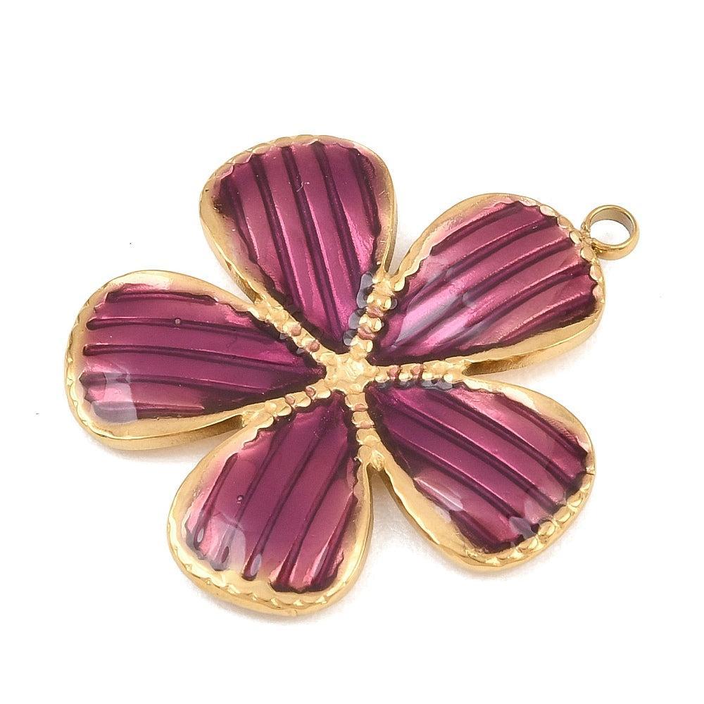 Bedel bloem RVS goud emaille paars 34mm - per stuk-bedels-Kraaltjes van Renate