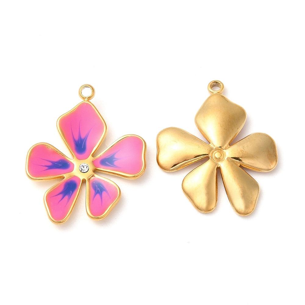 Bedel bloem roze/blauw goud RVS 22x17mm-bedels-Kraaltjes van Renate