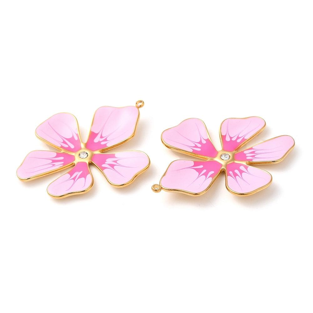 Bedel bloem steentje roze/goud 18K 37mm-bedels-Kraaltjes van Renate