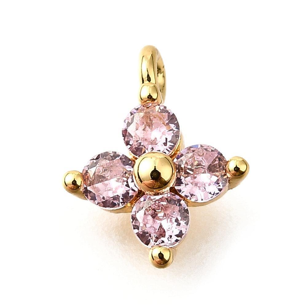 Bedel bloemetje roze zirconia Brass 18K Goud 10mm - per stuk-bedels-Kraaltjes van Renate