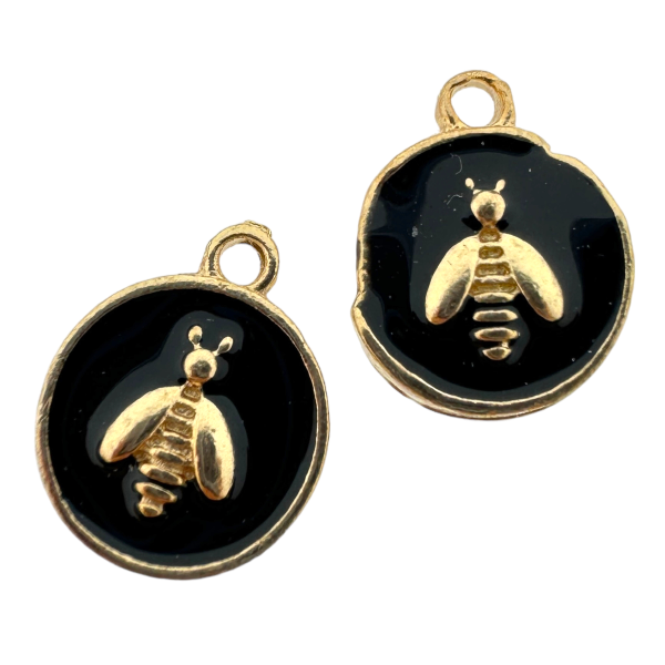 Bedel emaille Bee zwart goud 14mm-bedels-Kraaltjes van Renate