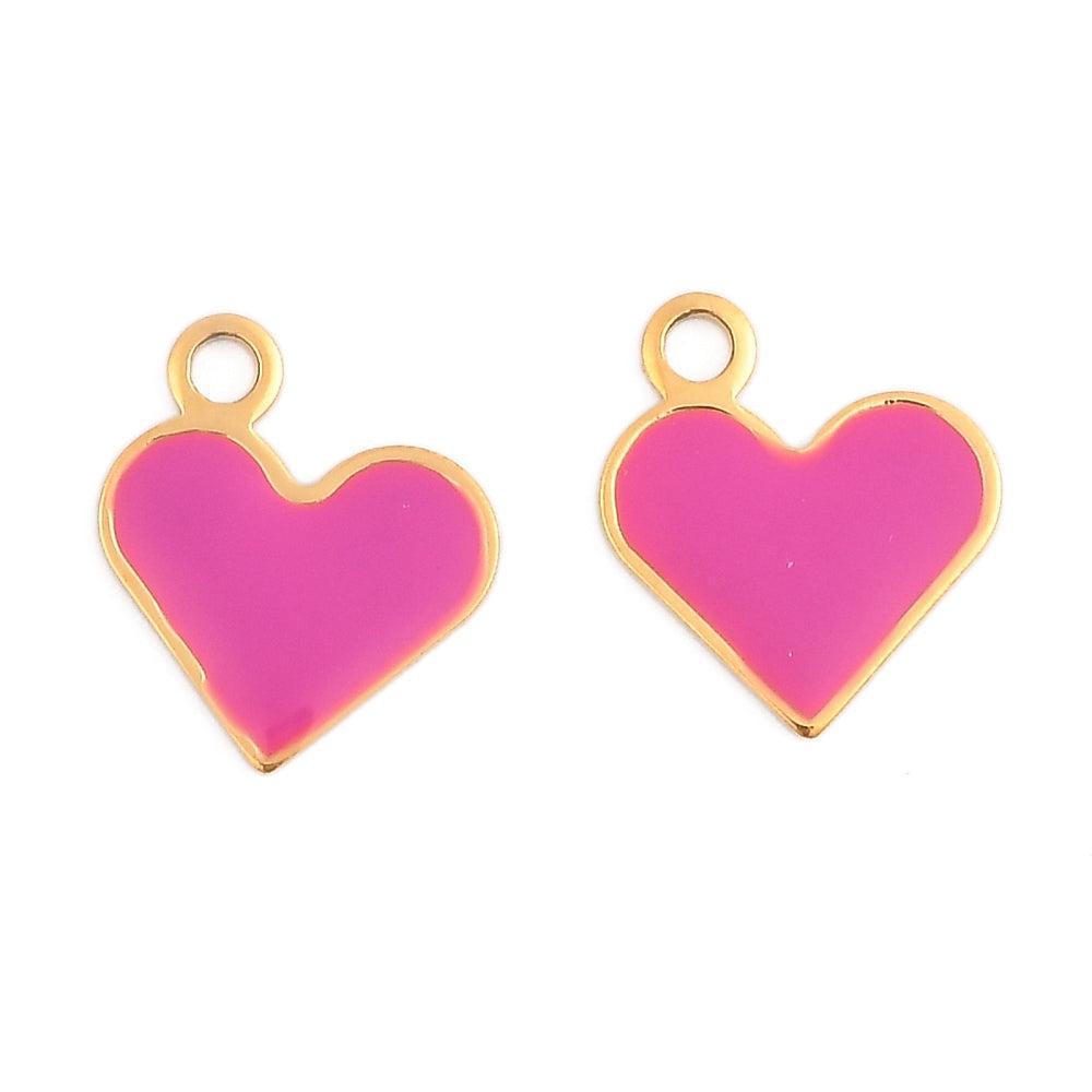 Bedel emaille RVS hartje donker roze 14K goud 12mm- per stuk-bedels-Kraaltjes van Renate