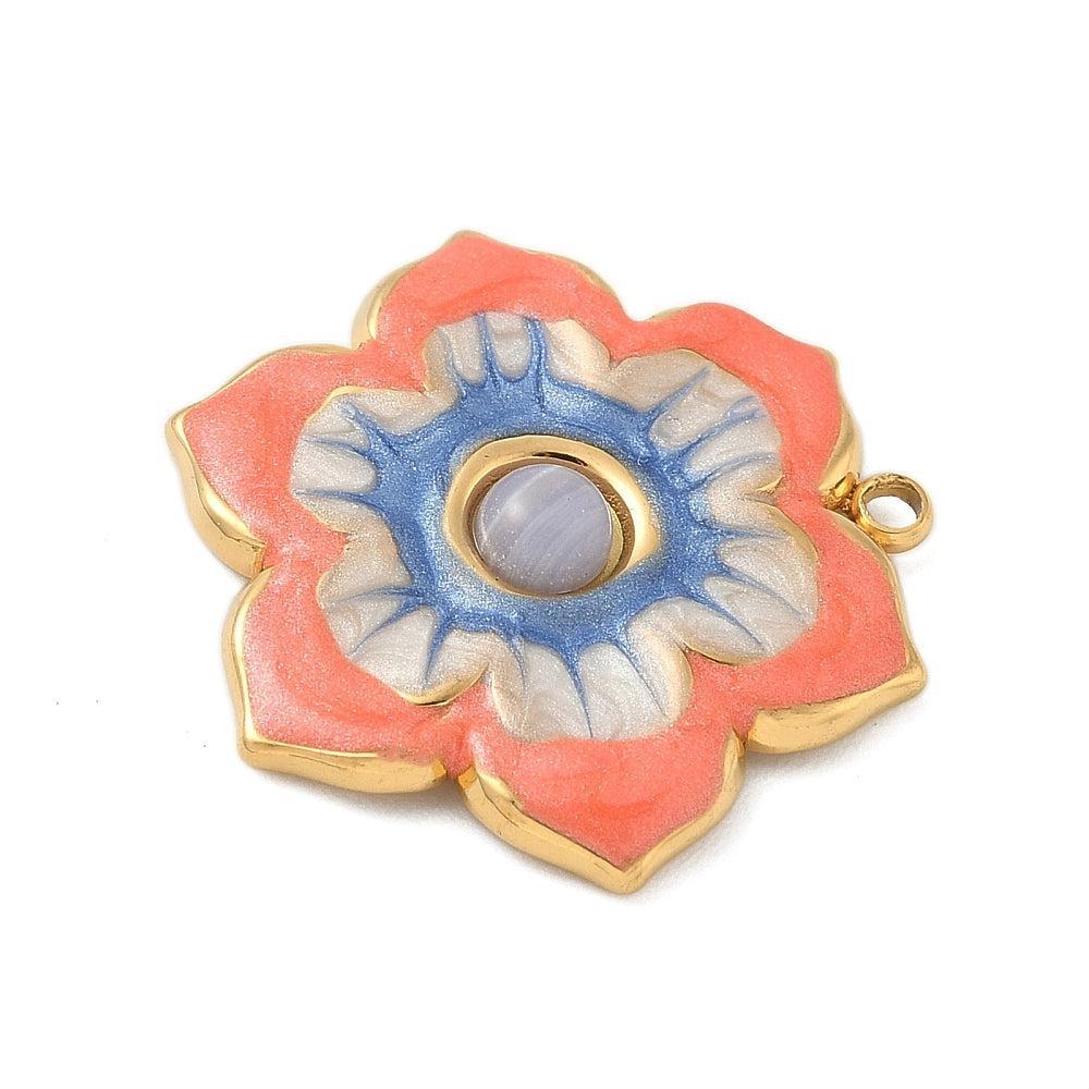 Bedel emaille bloem coral 18K goud 21,5mm - per stuk-bedels-Kraaltjes van Renate