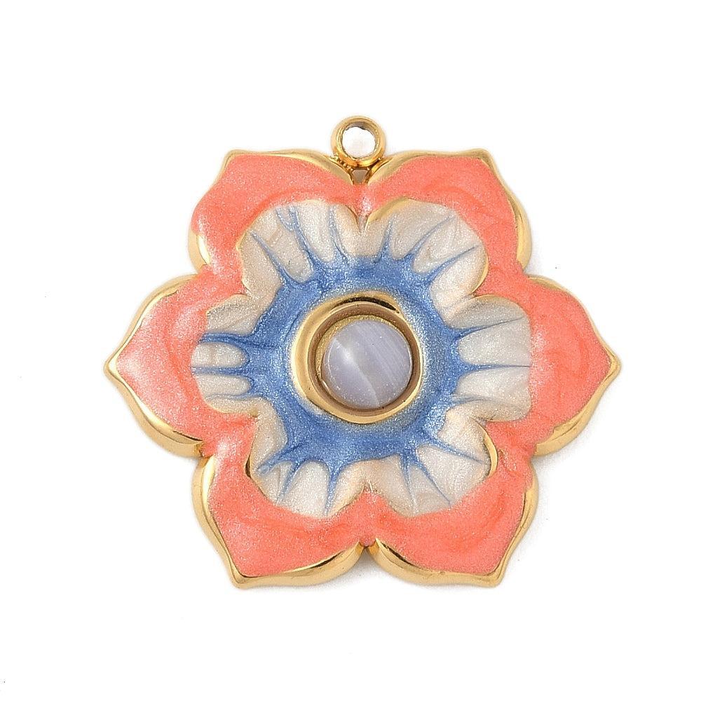 Bedel emaille bloem coral 18K goud 21,5mm - per stuk-bedels-Kraaltjes van Renate