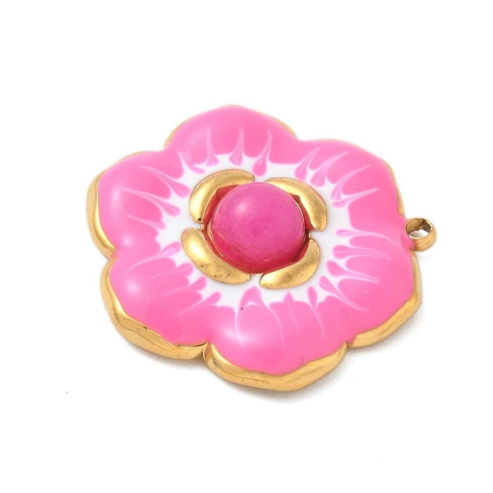 Bedel emaille bloem hot pink 18K goud 22mm - per stuk-bedels-Kraaltjes van Renate