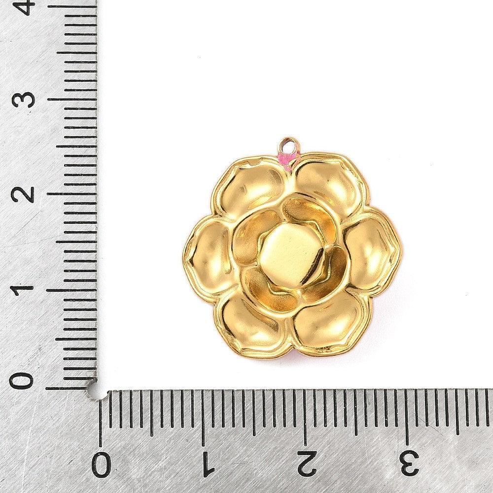 Bedel emaille bloem hot pink 18K goud 22mm - per stuk-bedels-Kraaltjes van Renate