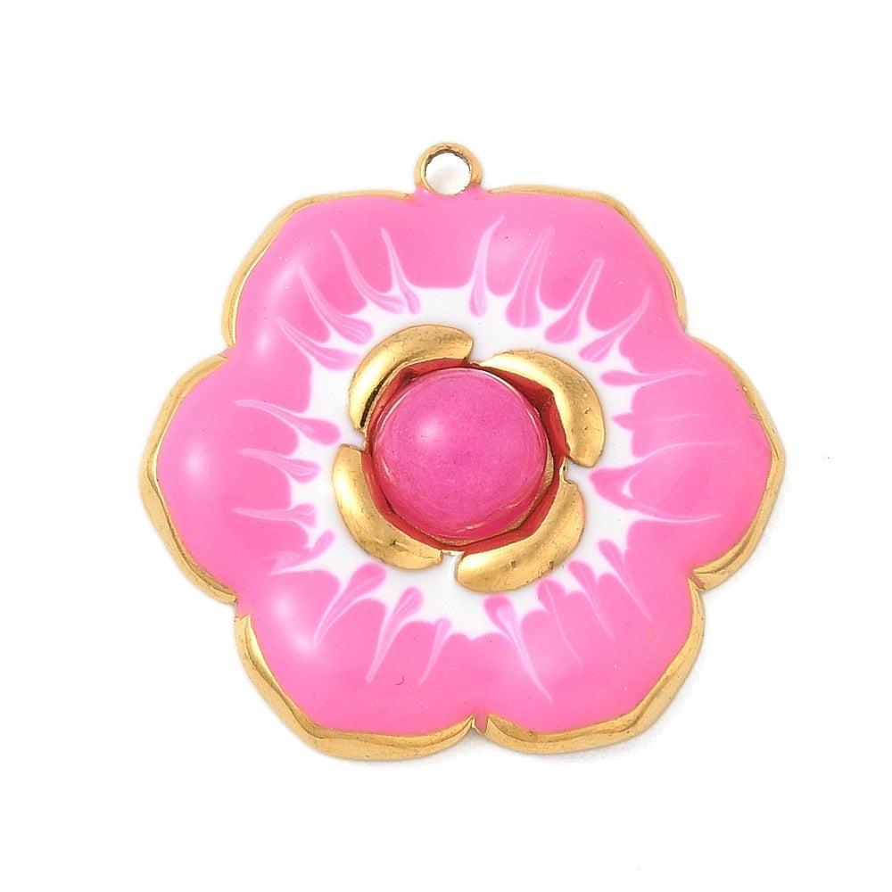 Bedel emaille bloem hot pink 18K goud 22mm - per stuk-bedels-Kraaltjes van Renate
