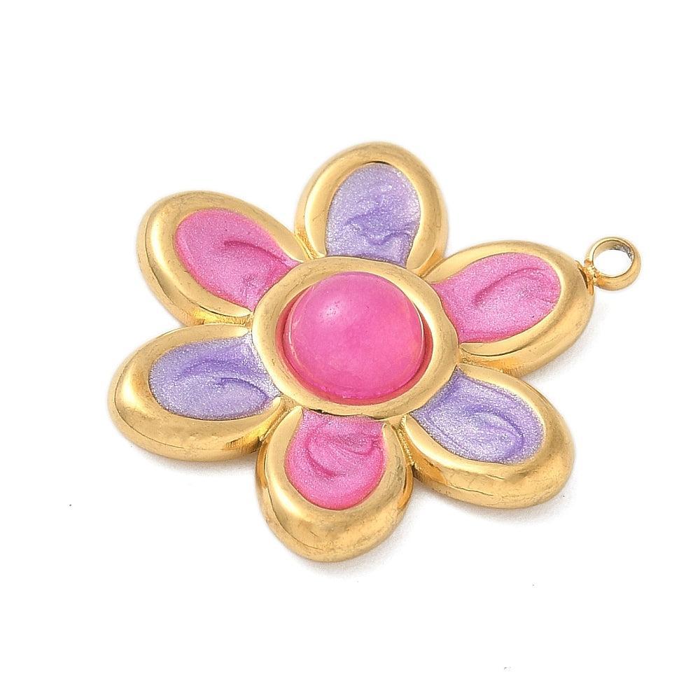 Bedel emaille bloem hot pink 18K goud 24,5mm - per stuk-bedels-Kraaltjes van Renate