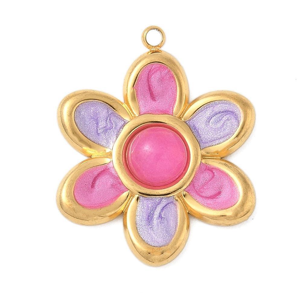 Bedel emaille bloem hot pink 18K goud 24,5mm - per stuk-bedels-Kraaltjes van Renate