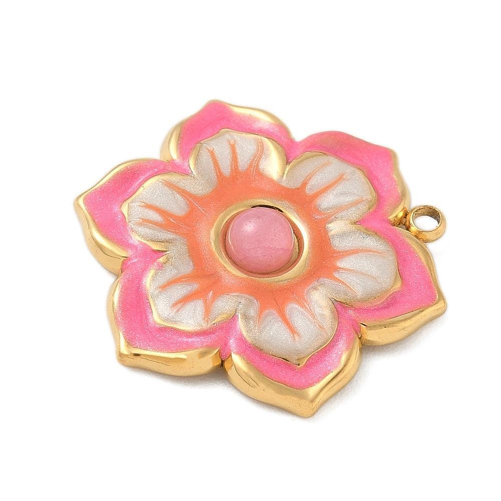 Bedel emaille bloem salmon 18K goud 21,5mm - per stuk-bedels-Kraaltjes van Renate