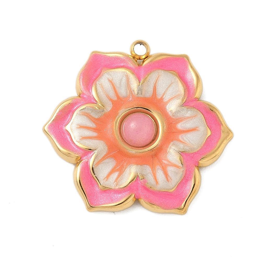 Bedel emaille bloem salmon 18K goud 21,5mm - per stuk-bedels-Kraaltjes van Renate