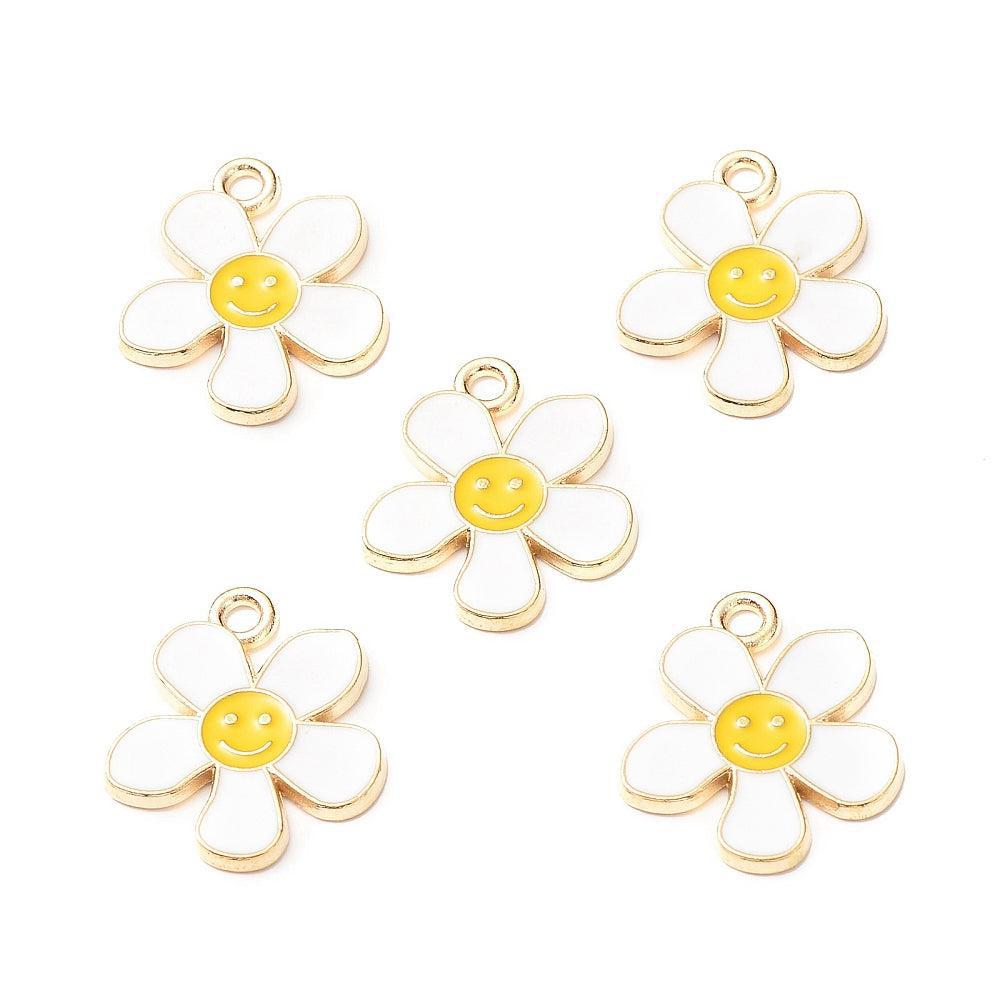 Bedel emaille bloem smiley wit goud 21mm- per stuk-bedels-Kraaltjes van Renate