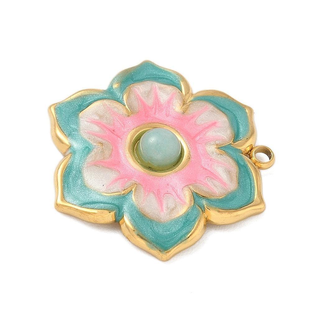 Bedel emaille bloem turquoise 18K goud 21,5mm - per stuk-bedels-Kraaltjes van Renate