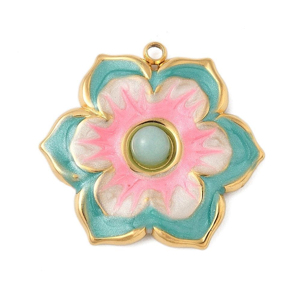 Bedel emaille bloem turquoise 18K goud 21,5mm - per stuk-bedels-Kraaltjes van Renate