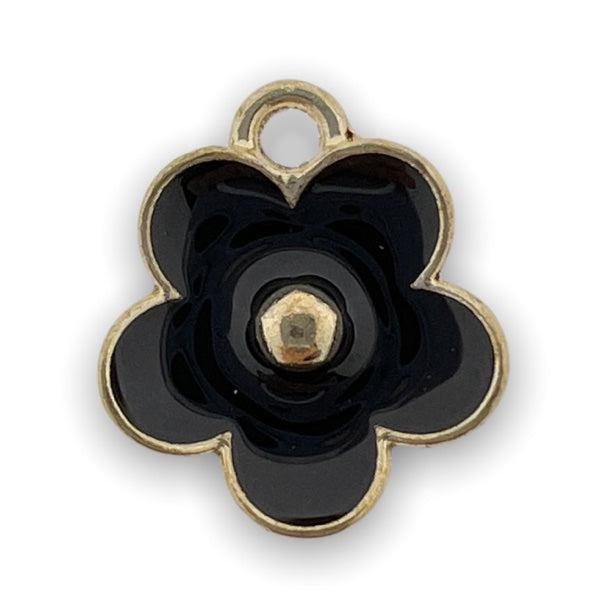 Bedel emaille bloem zwart-goud 13x11mm-bedels-Kraaltjes van Renate