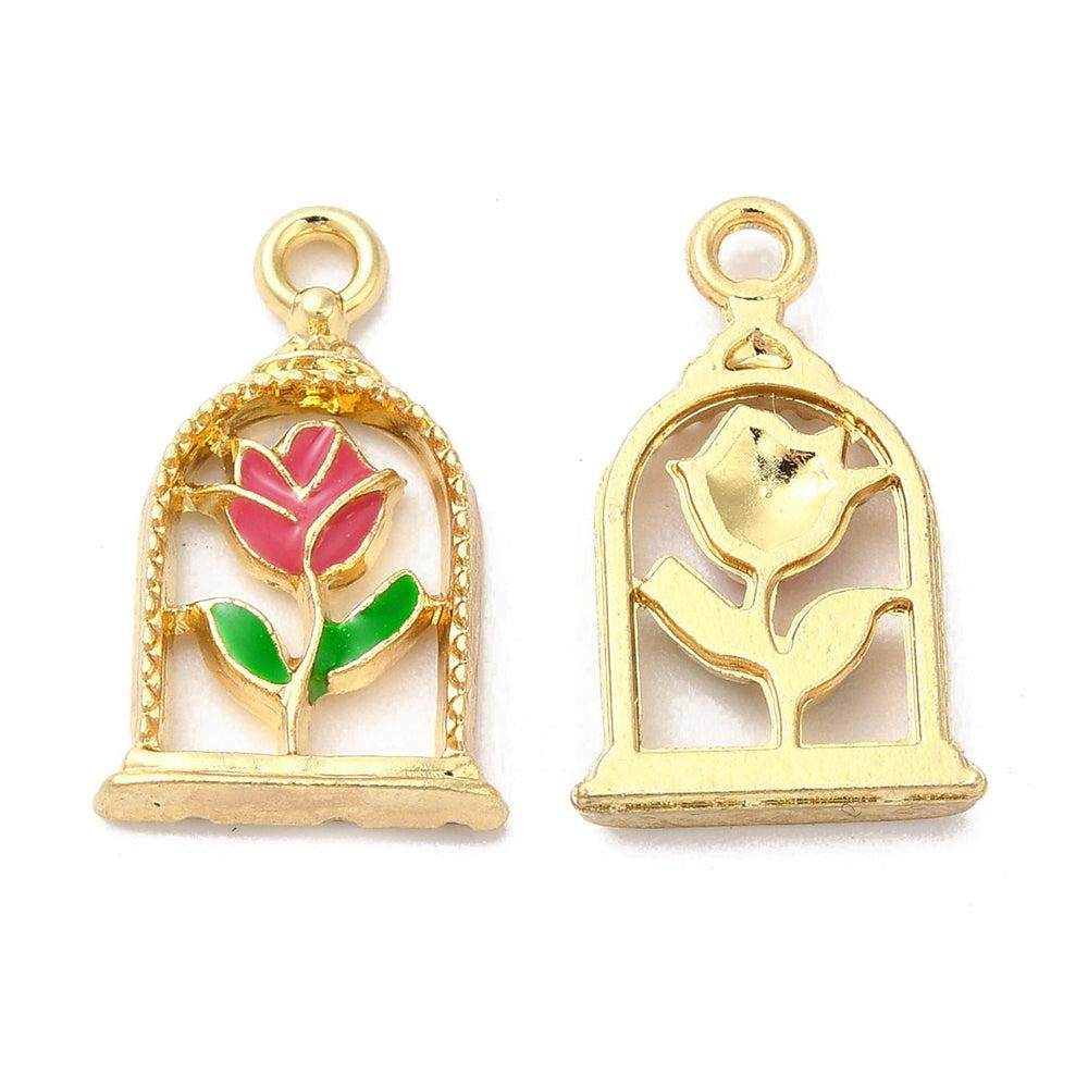 Bedel emaille doornroosje roze/goud 18x11x3mm-bedels-Kraaltjes van Renate