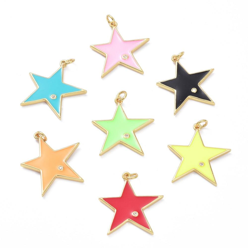 Bedel emaille gekleurde ster met steentje 18K gold plated 24x23mm - per stuk-bedels-Kraaltjes van Renate