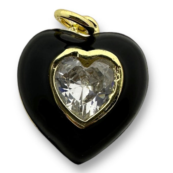 Bedel emaille hart 16K gold plated zirconia Zwart 18mm-bedels-Kraaltjes van Renate