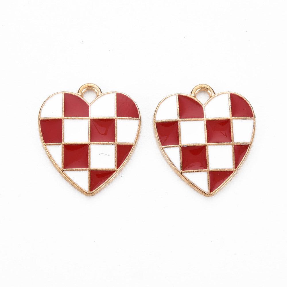 Bedel emaille hart geruit rood-wit goud 18x16mm-bedels-Kraaltjes van Renate