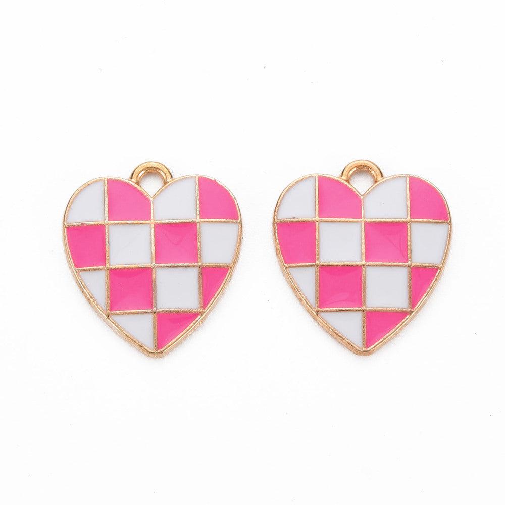 Bedel emaille hart geruit roze-wit goud 18x16mm-bedels-Kraaltjes van Renate