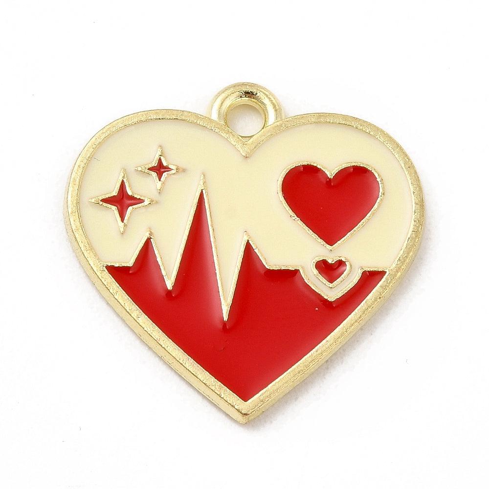 Bedel emaille hart met print rood-beige goud 20mm-bedels-Kraaltjes van Renate