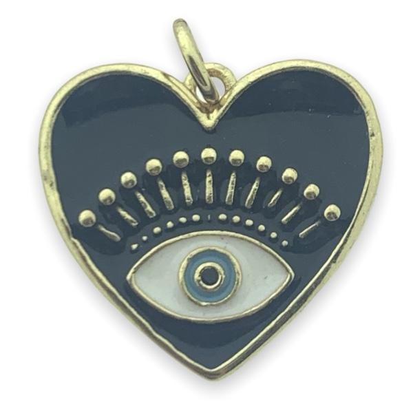 Bedel emaille heart eye zwart 18K plated goud 19x20mm-Kraaltjes van Renate