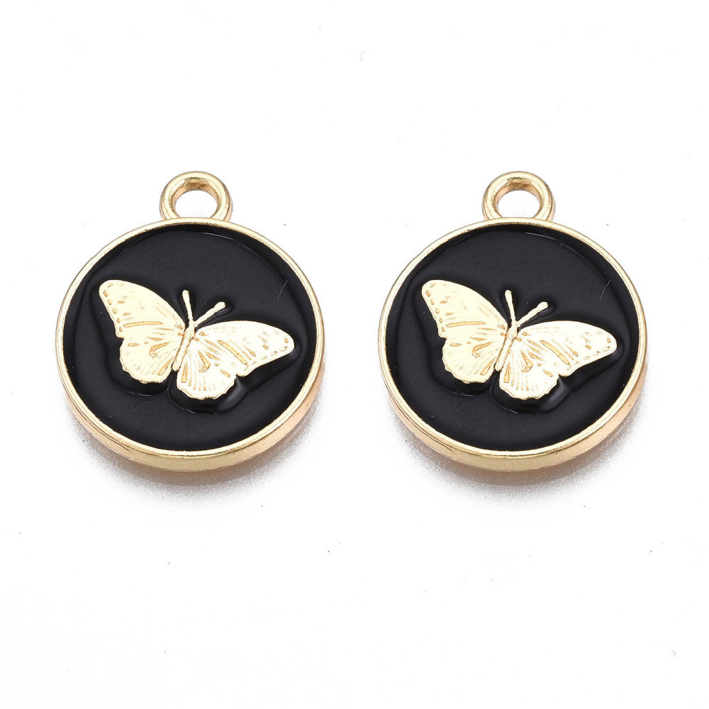 Bedel emaille munt vlinder zwart/goud 18x15x2mm-bedels-Kraaltjes van Renate