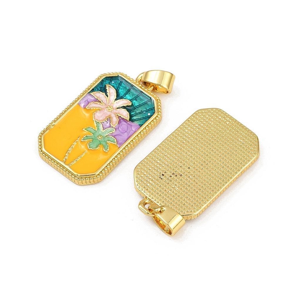 Bedel emaille rechthoek bloemetjes brass goud 27,5mm - per stuk-bedels-Kraaltjes van Renate