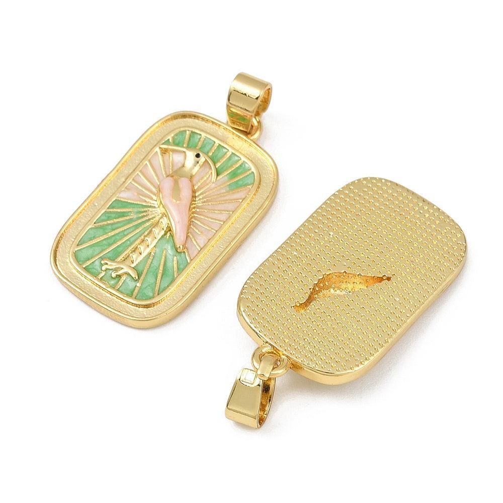 Bedel emaille rechthoek flamingo brass goud 27,5mm - per stuk-bedels-Kraaltjes van Renate