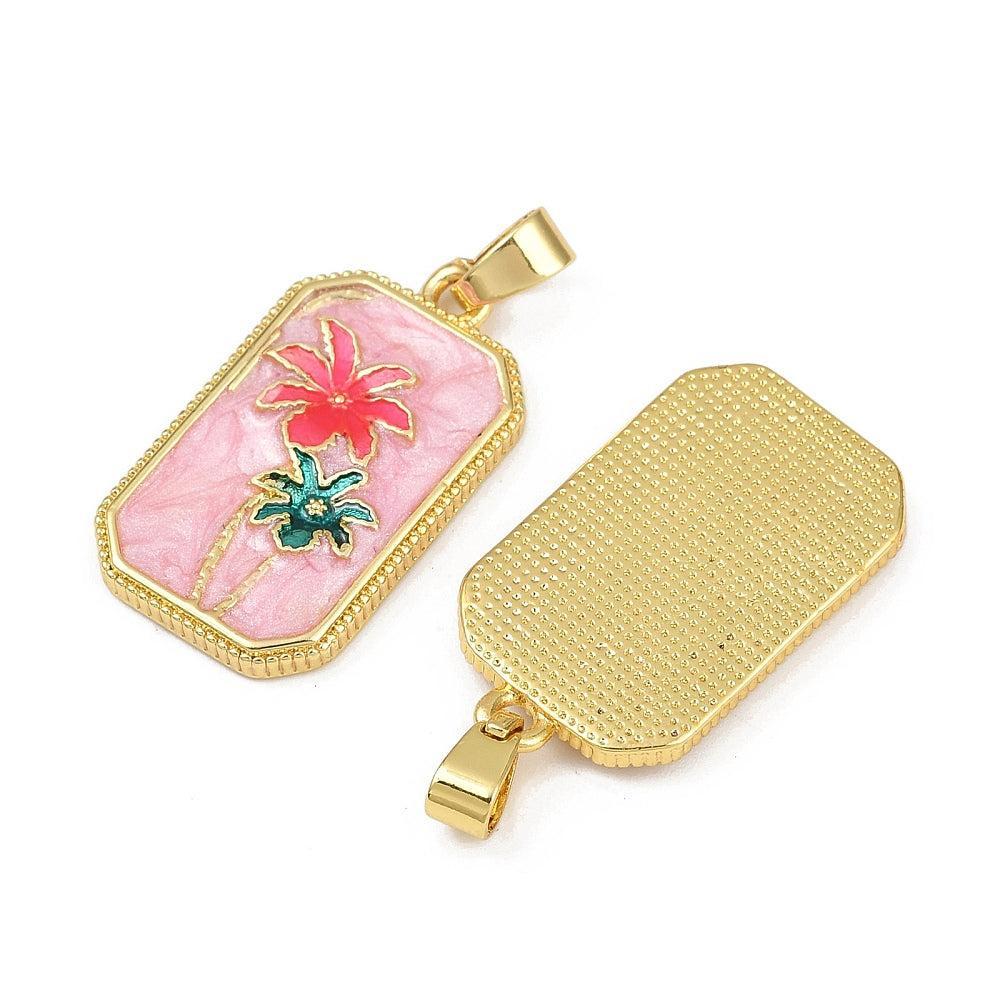 Bedel emaille rechthoek flowers brass goud 27,5mm - per stuk-bedels-Kraaltjes van Renate