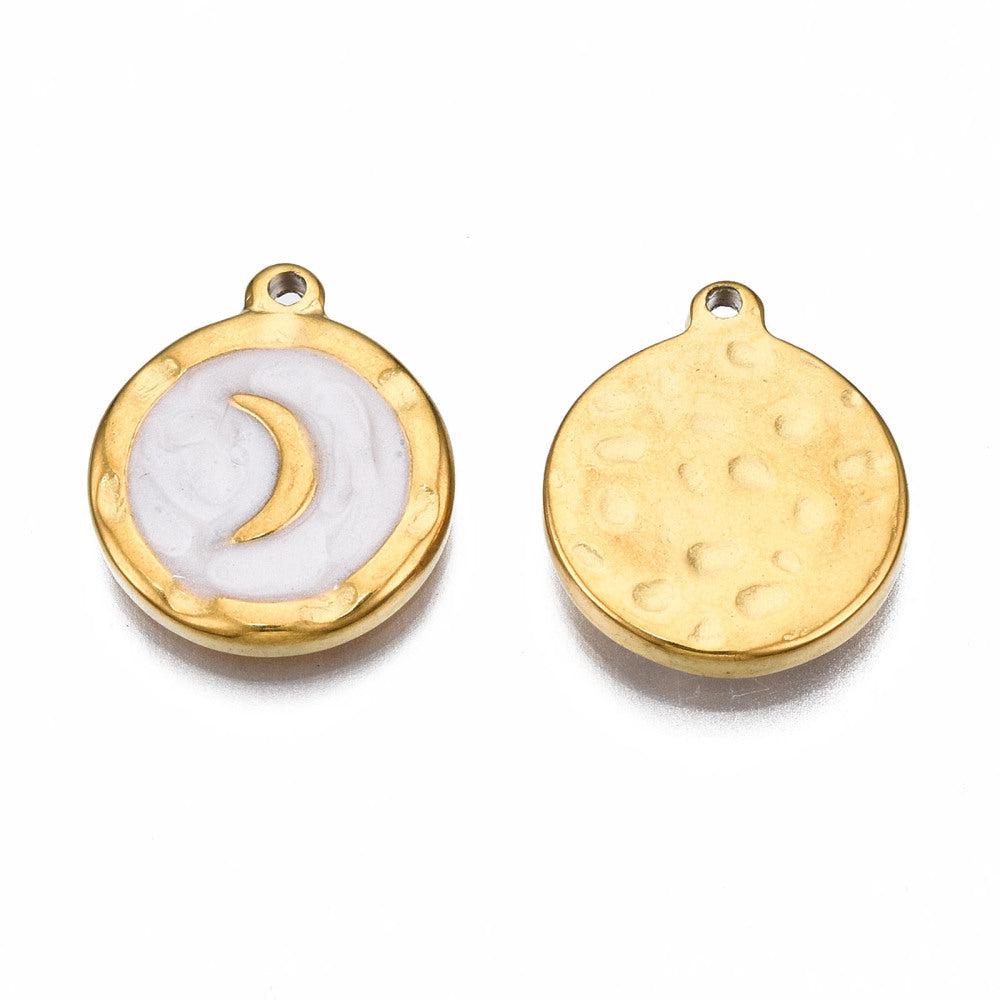 Bedel emaille rond met maan gekleurd RVS goud 18x15mm - per stuk-bedels-Kraaltjes van Renate