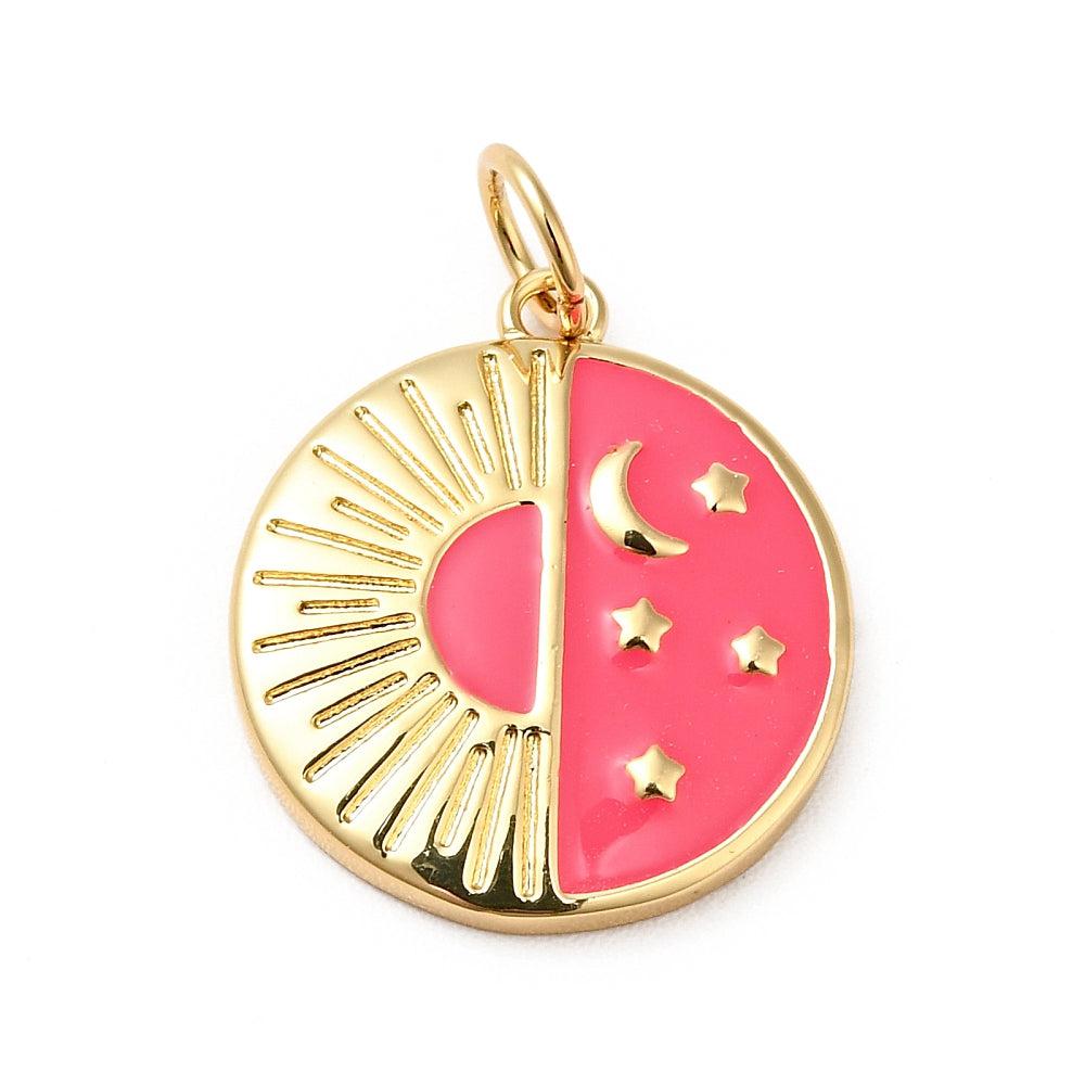 Bedel emaille rond zon en maan roze 18K gold plated 17x15mm-bedels-Kraaltjes van Renate