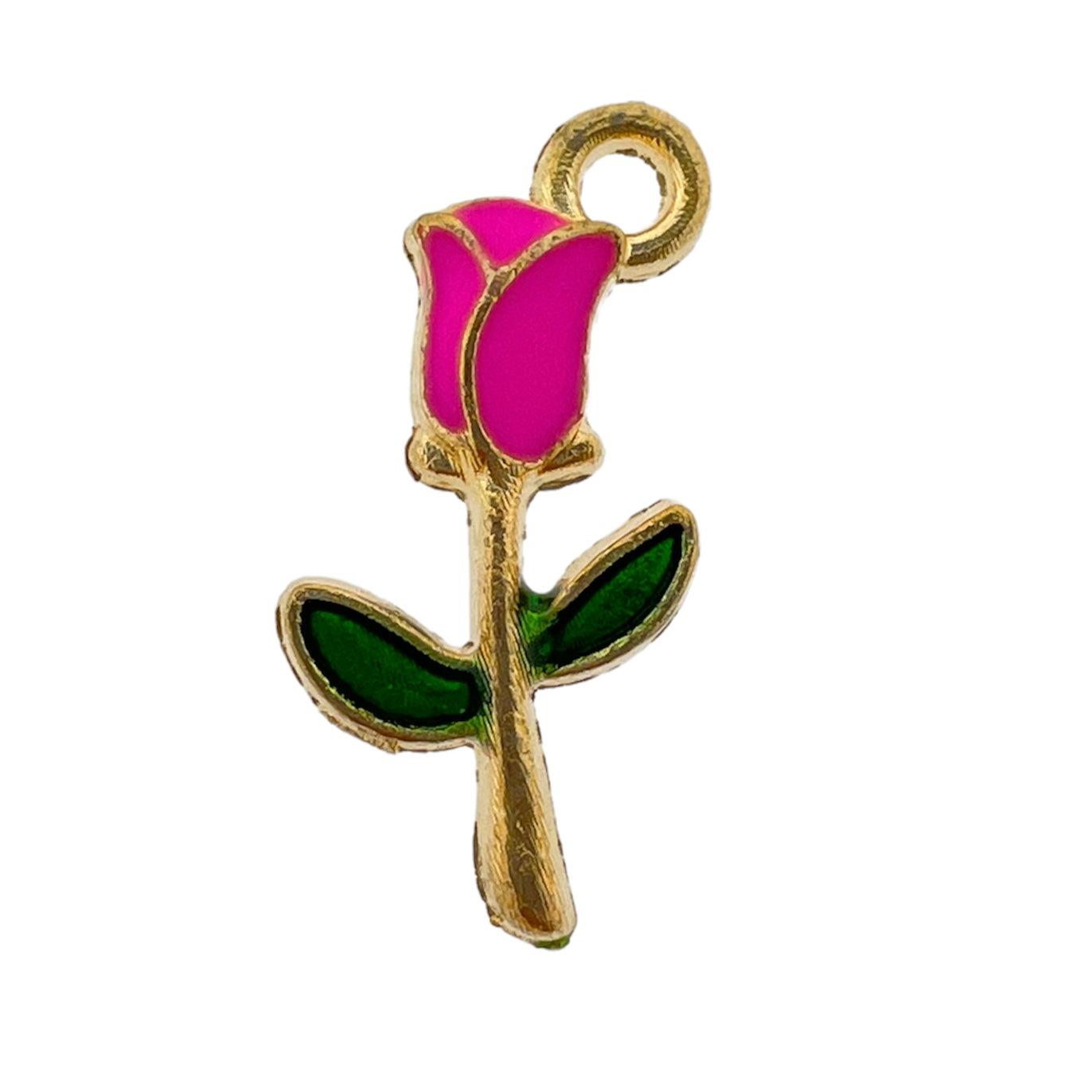 Bedel emaille roosje roze/groen goud 18.5x10x2mm-bedels-Kraaltjes van Renate
