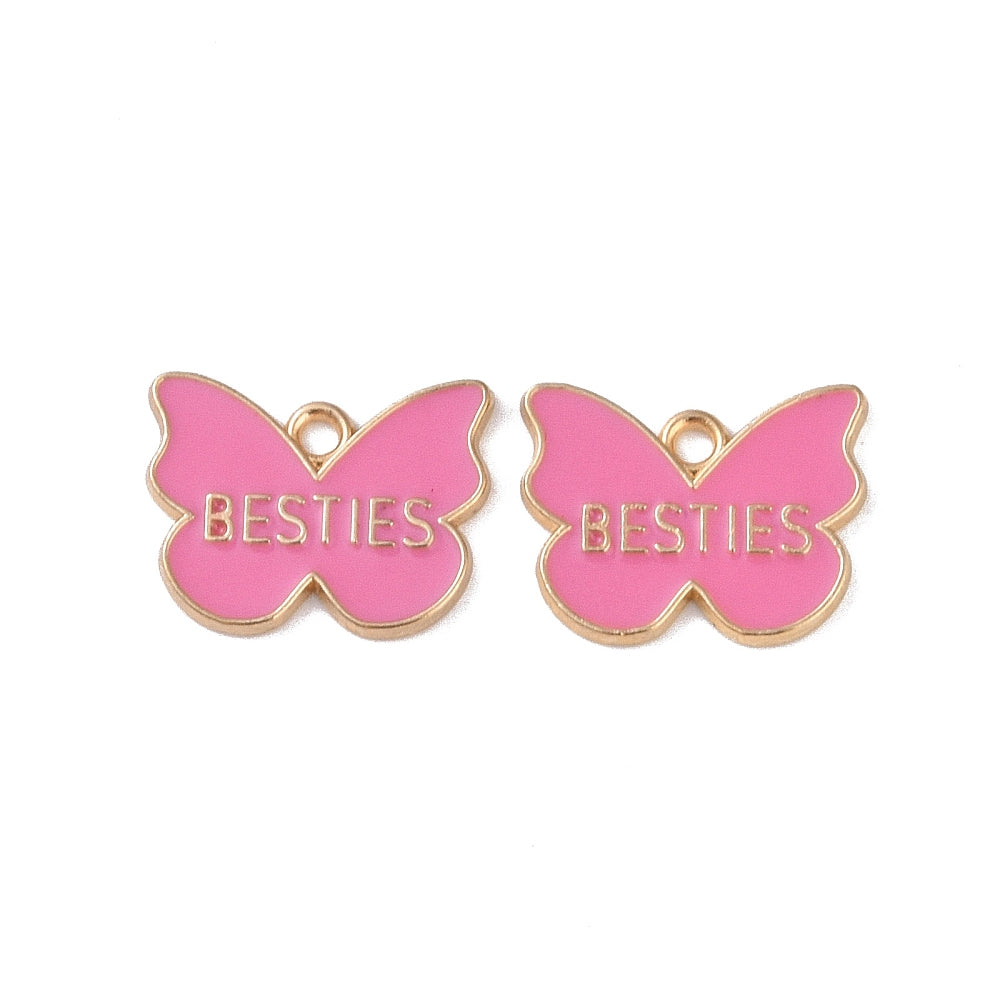 Bedel emaille vlinder goud roze 'besties' 16mm - per stuk-bedels-Kraaltjes van Renate