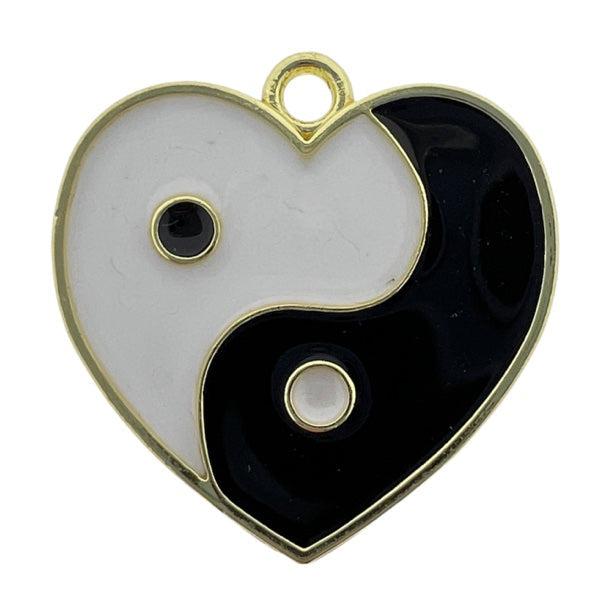 Bedel emaille yin yang hart zwart/wit-goud 19x19mm-bedels-Kraaltjes van Renate