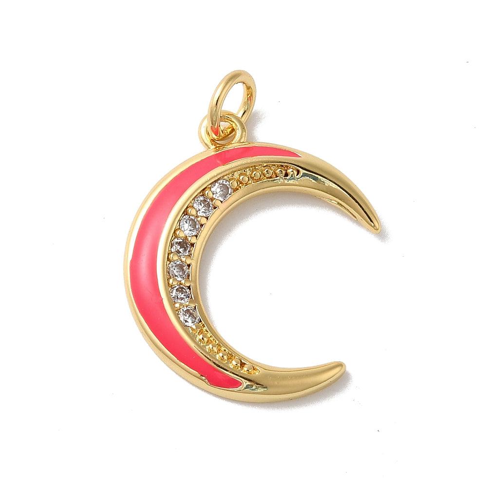 Bedel emaille zirconia maan neon roze-goud 21x18mm 18K - per stuk-bedels-Kraaltjes van Renate