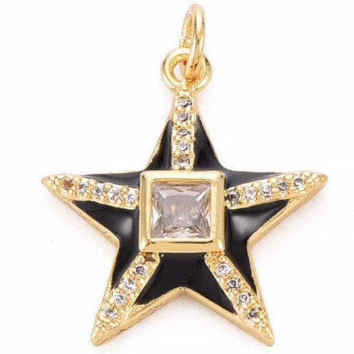 Bedel emaille zirkonia Ster zwart 16k plated Goud 20mm-bedels-Kraaltjes van Renate
