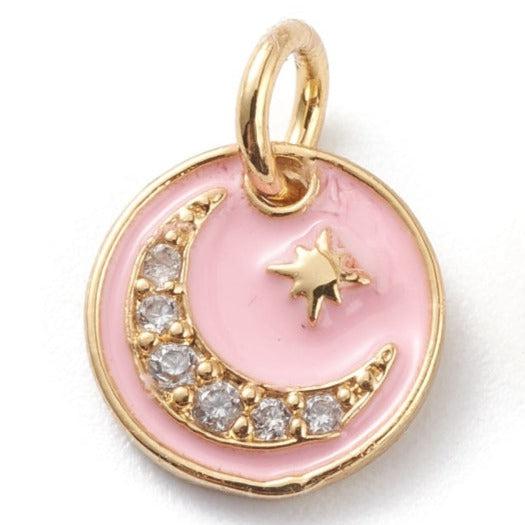 Bedel emaille zirkonia muntje Maan Ster licht roze 18k plated Goud 10mm-bedels-Kraaltjes van Renate